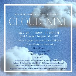 Prom Graphic - Blue background with white clouds. Theme is Cloud Nine.